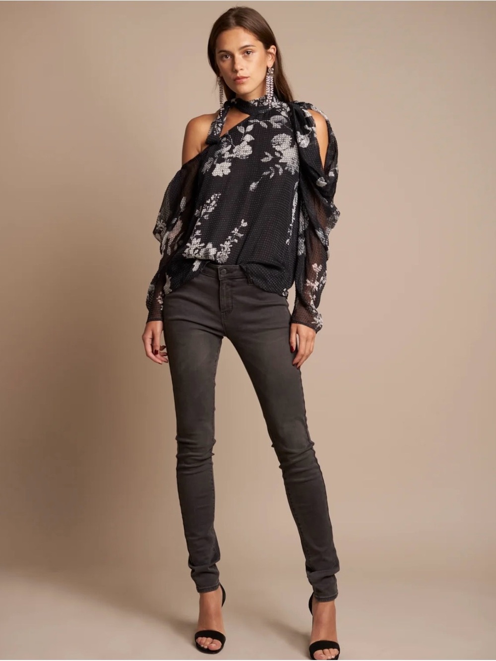 Floral Cold-Shoulder Chiffon Blouse in Black